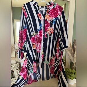 Striped Navy & White Floral Button-Up Tunic